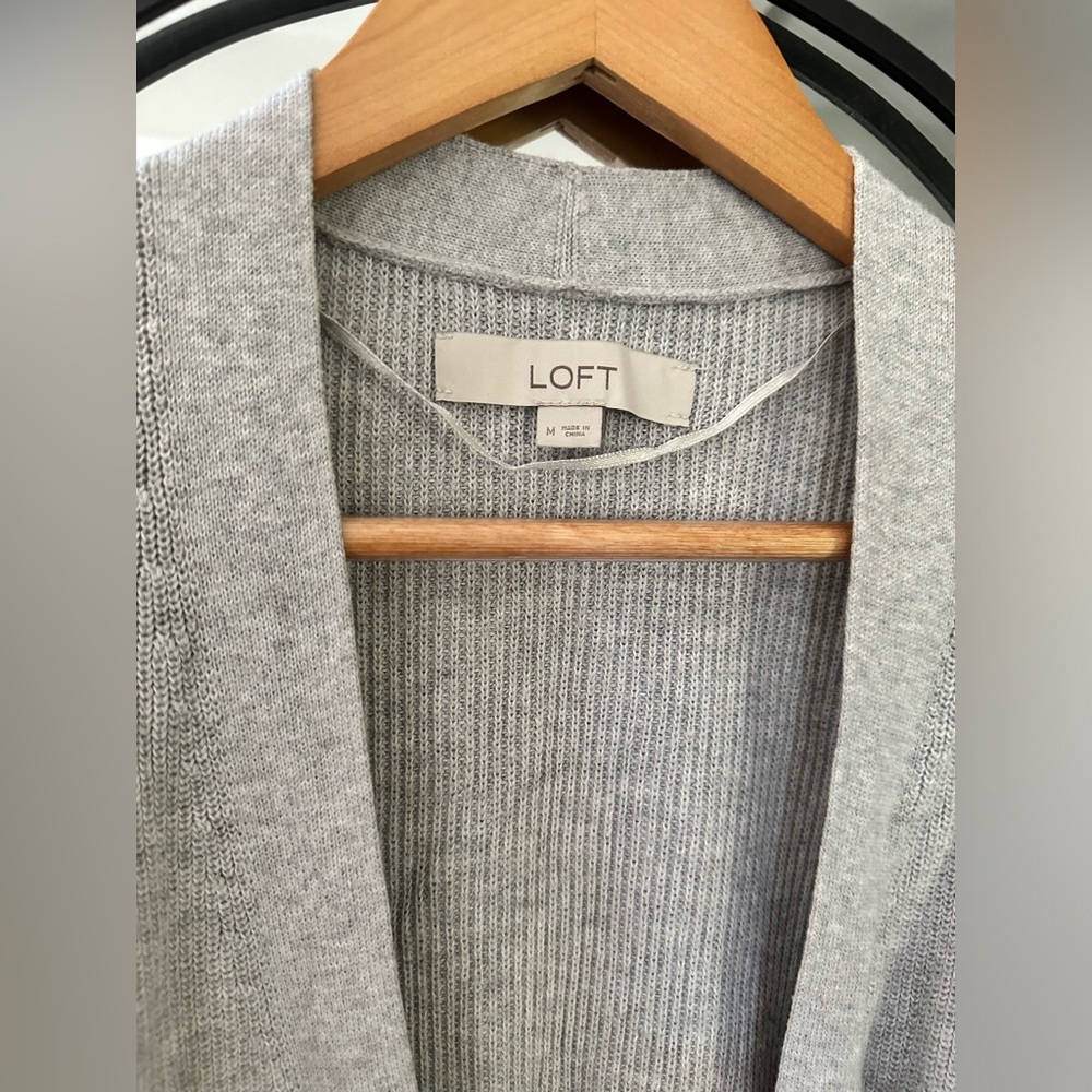 LOFT Light Gray Open Front Ribbed Cardigan - Picture 3 of 9